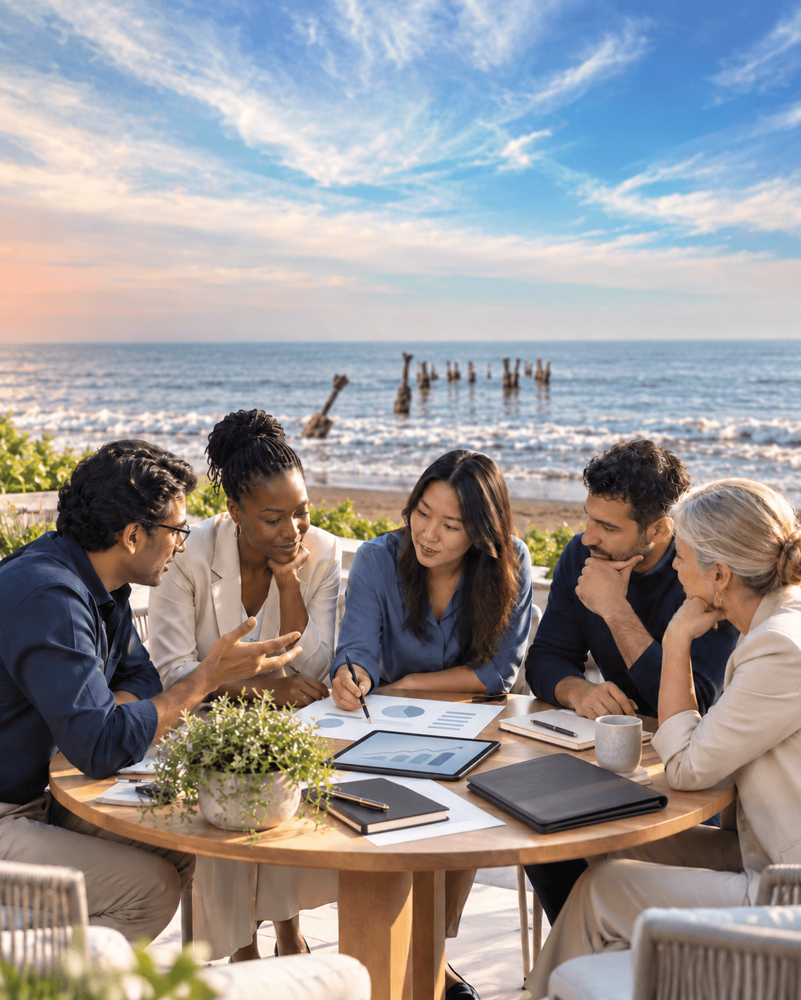 Community members collaborating beside a mountain and coastal landscape