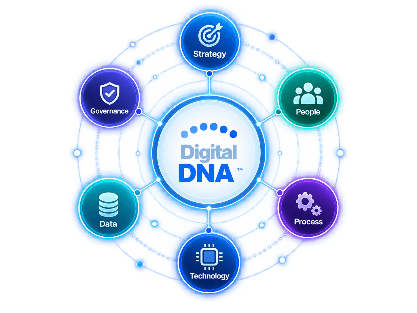 Digital DNA capability network connecting Strategy, People, Process, Technology, Data and Governance.