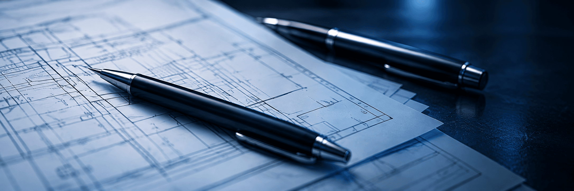 Blueprints and pens representing design