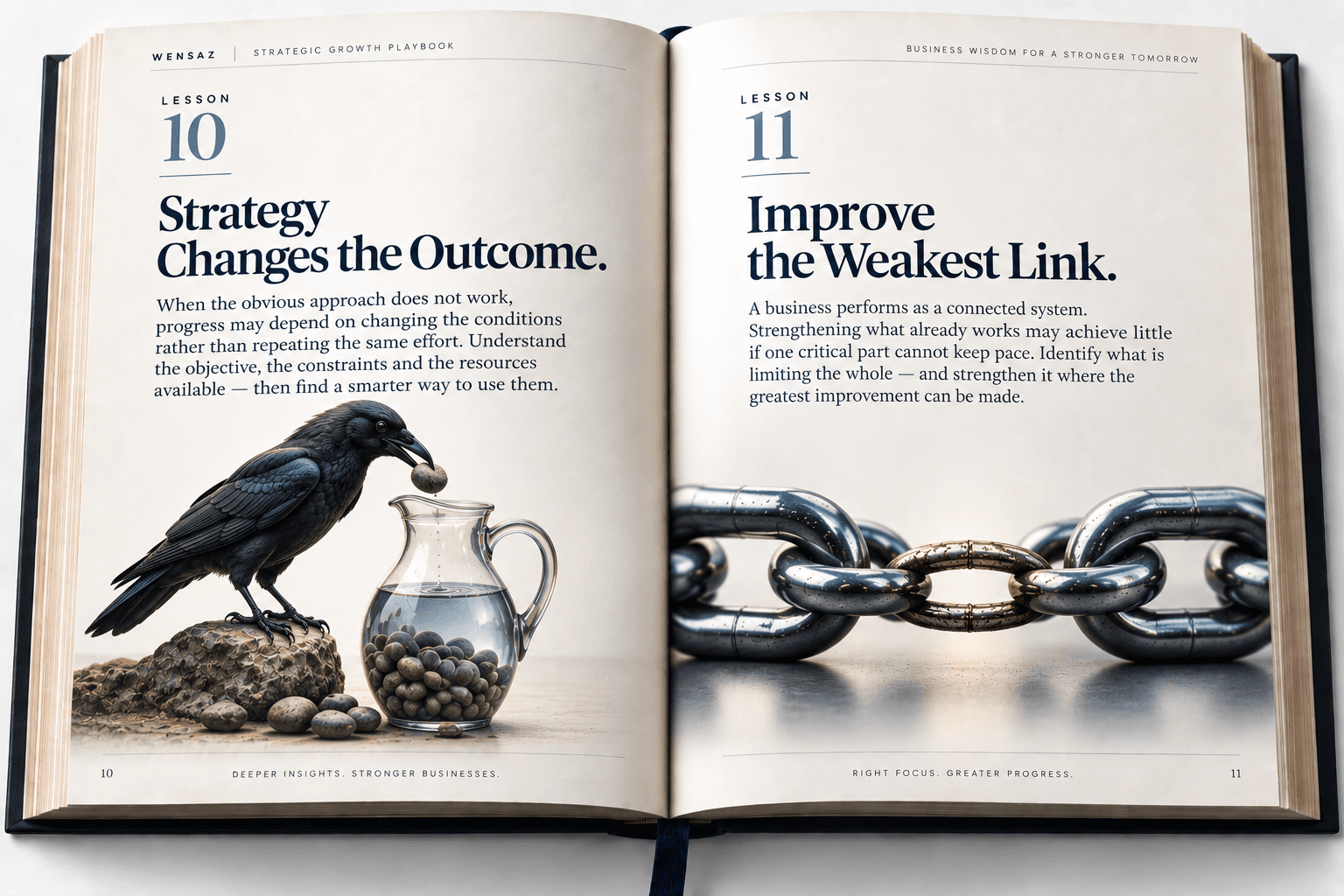 Open WENSAZ Strategic Growth Playbook showing lessons on strategic problem-solving and improving the weakest link.