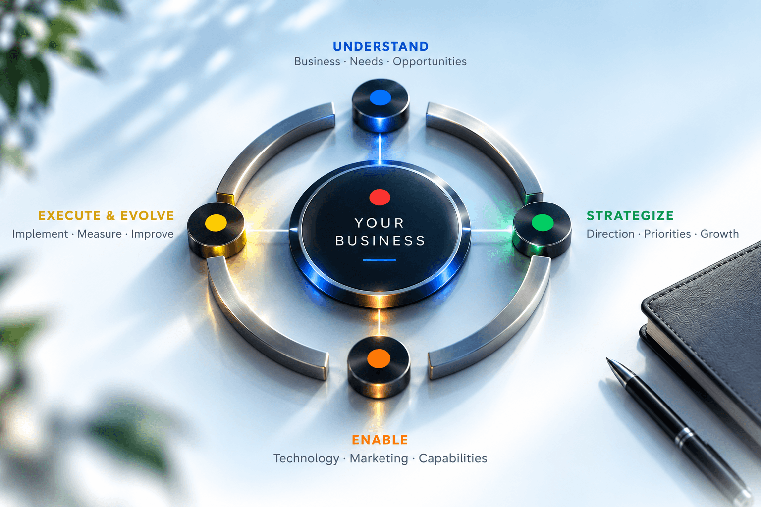 WENSAZ engagement model with the client business at the centre of understanding, strategy, enablement and execution.