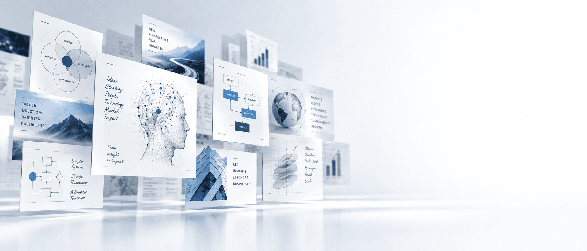 Strategic sketches, frameworks, analysis and layered business perspectives arranged across an editorial workspace.
