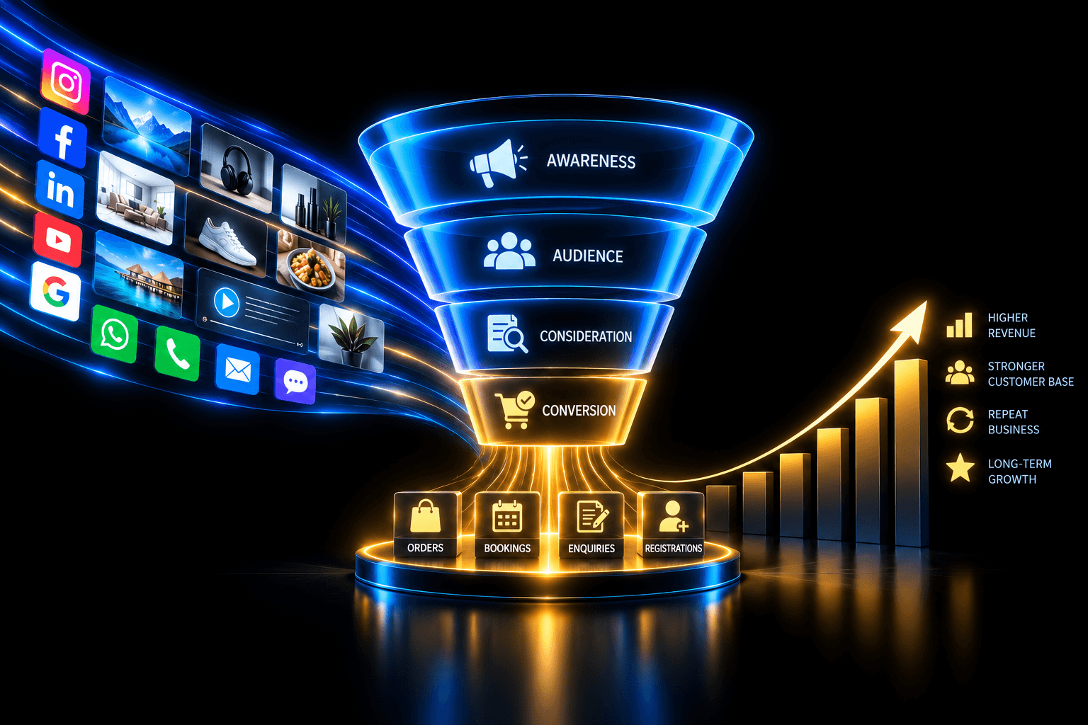 WENSAZ growth funnel connecting market channels and audience engagement to conversion and long-term business growth.