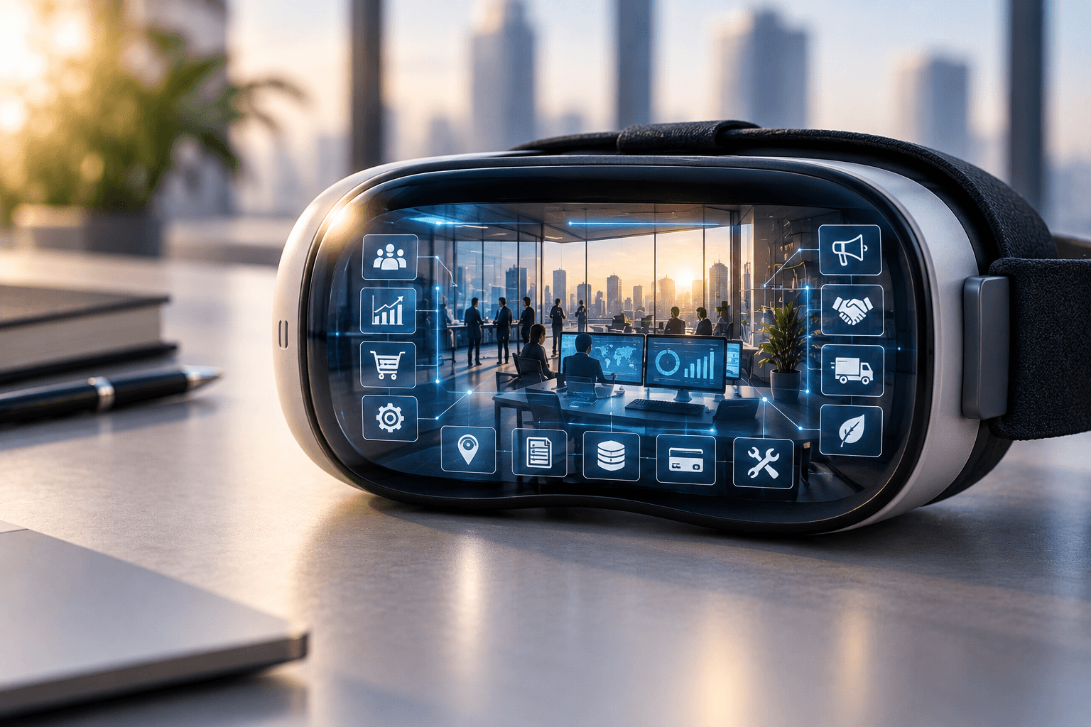 Premium VR/AR lens revealing connected business activity, data, operations and technology inside a real working environment.