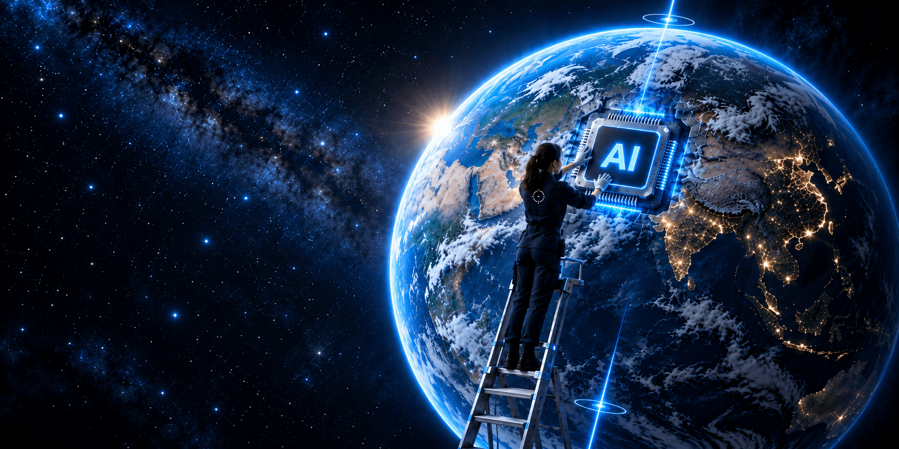 Engineer integrating an illuminated AI processor into a globe, representing human-engineered artificial intelligence.