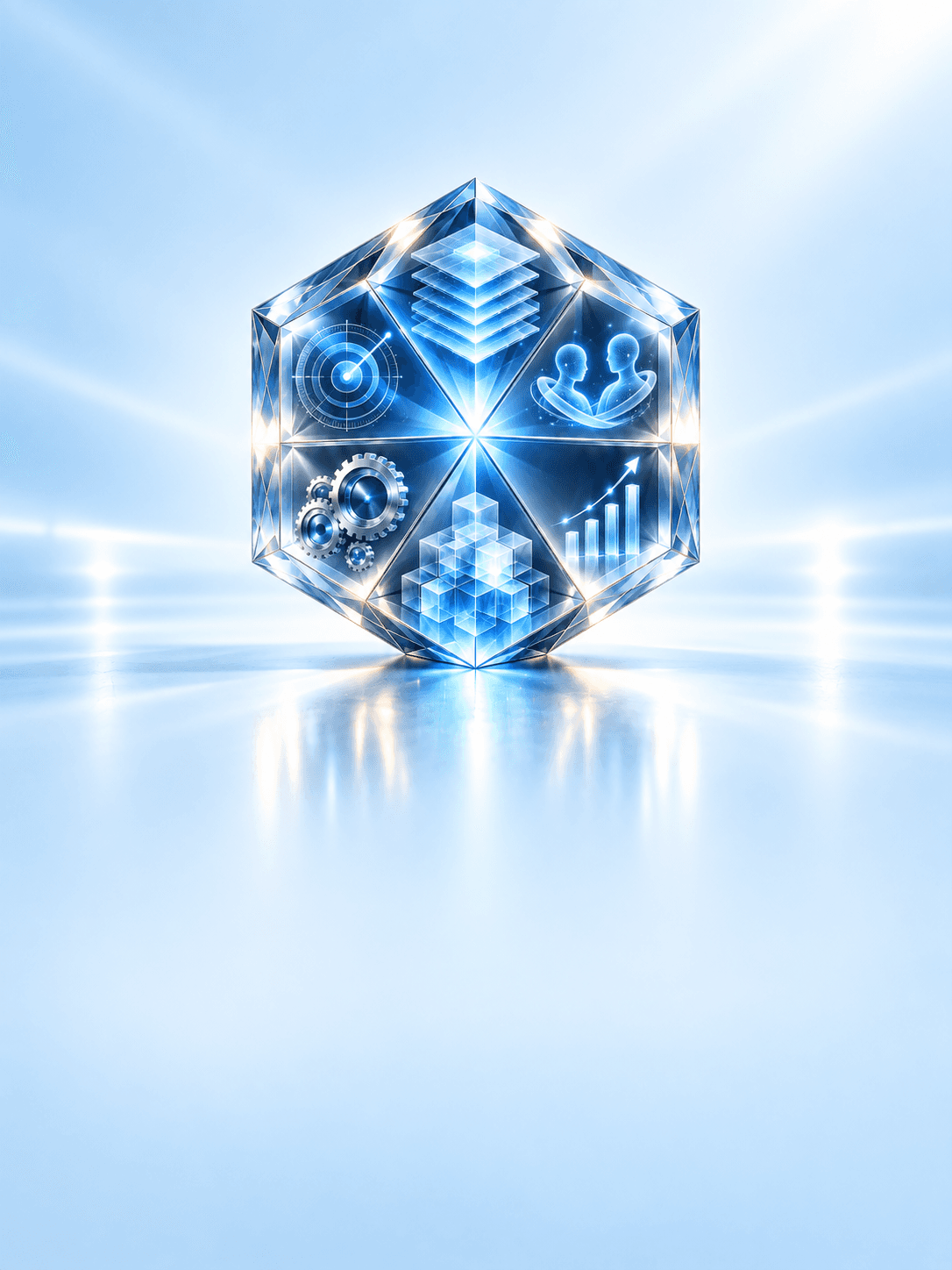Crystalline AI capability core representing six connected artificial intelligence capabilities.