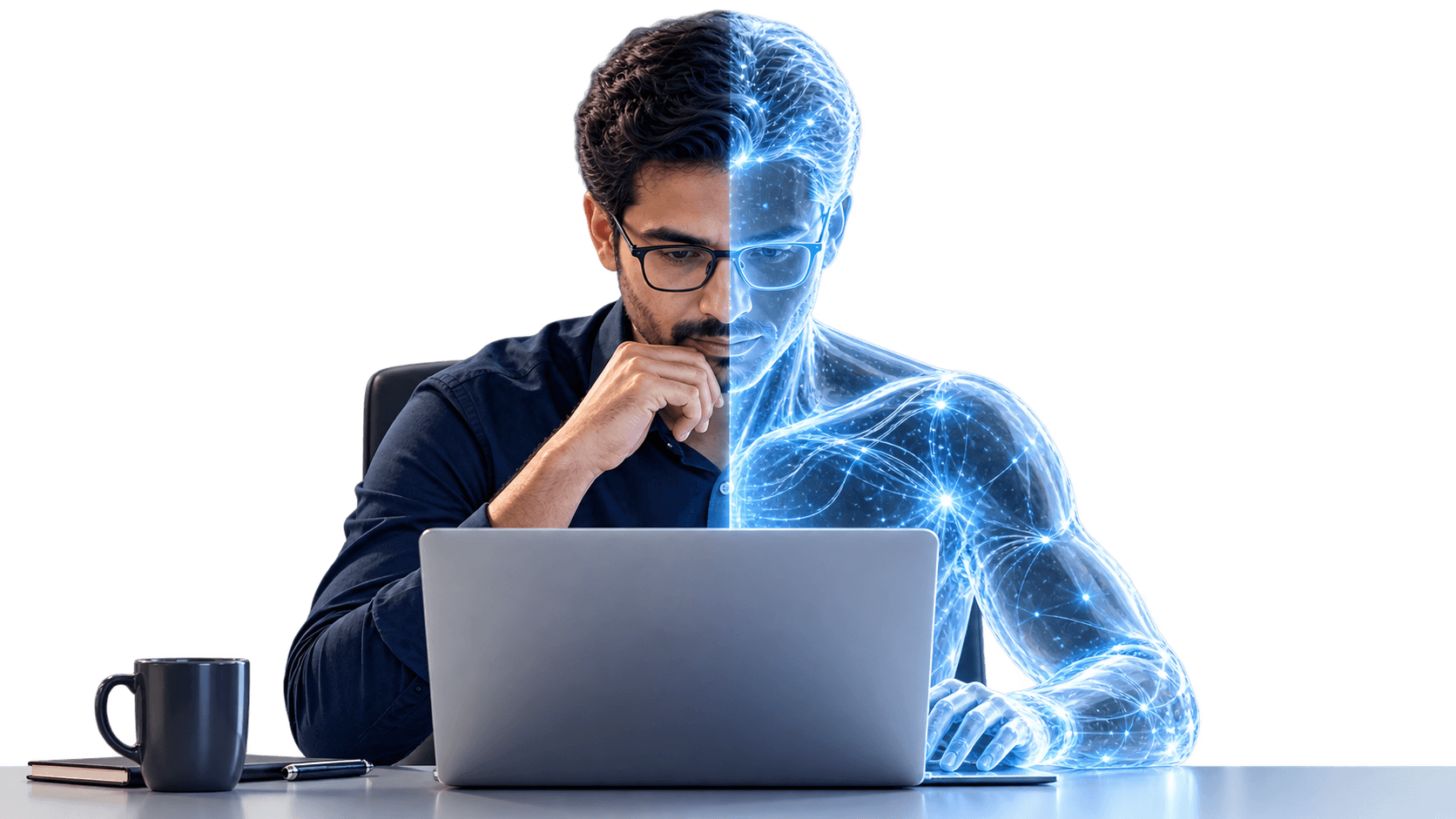 A professional at a laptop shown as one human and one transparent digital-glass AI form working together.