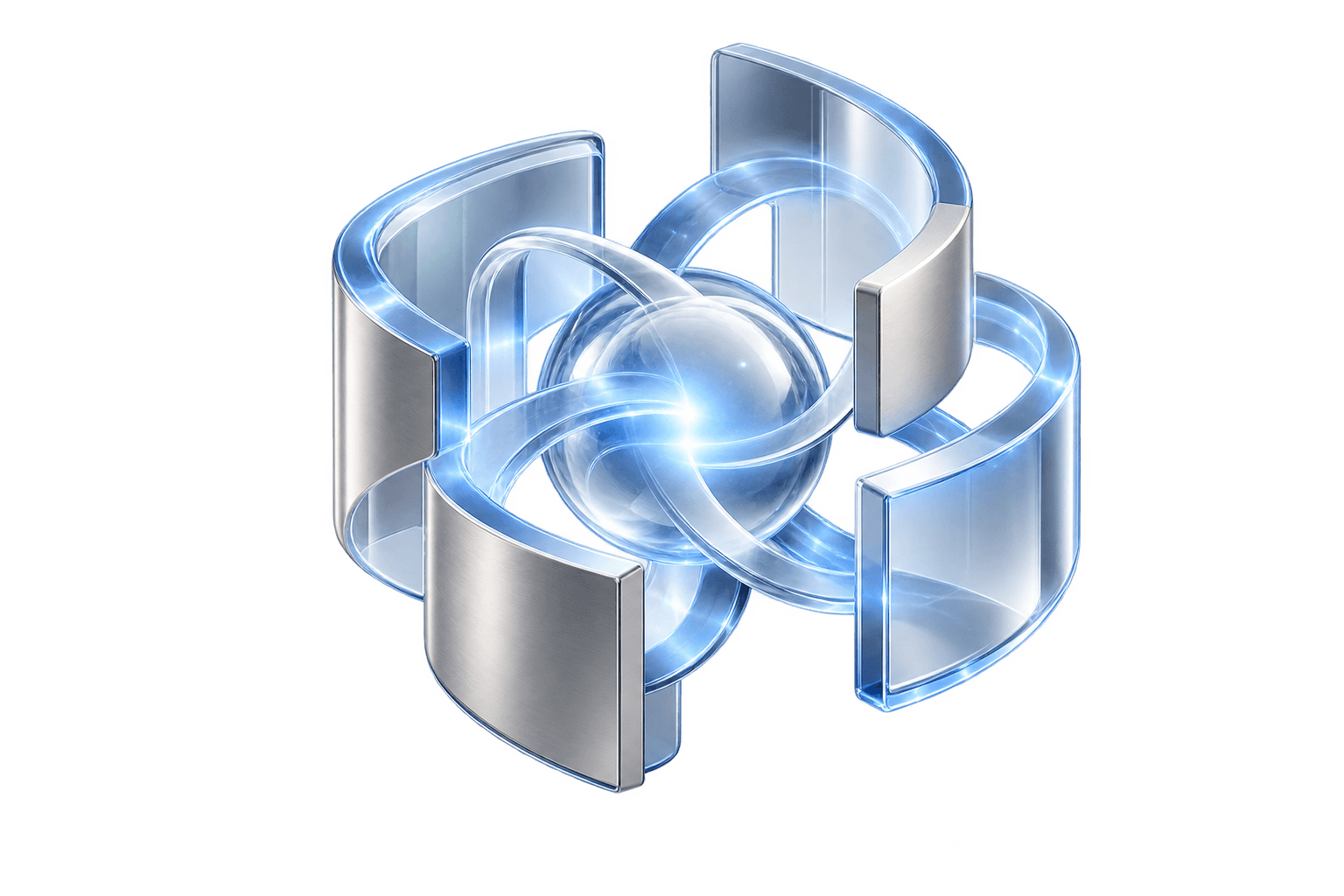 Interwoven glass and metal structures around a central intelligence core.