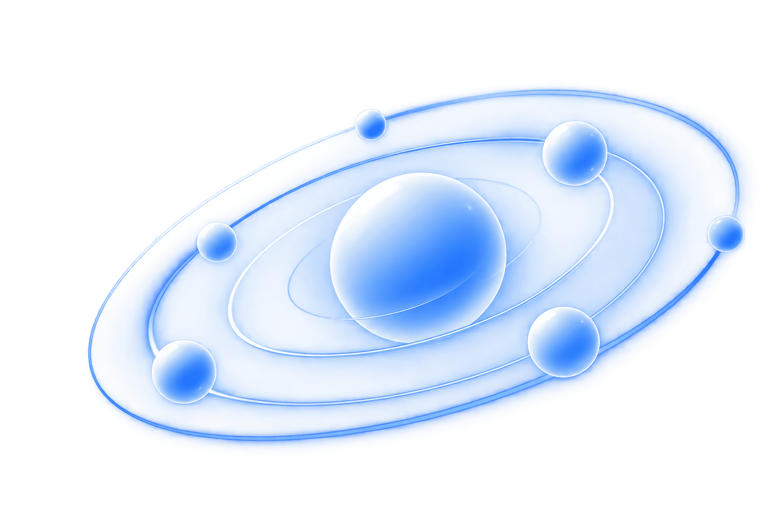 A central blue planet connected with smaller planets across complete orbital paths