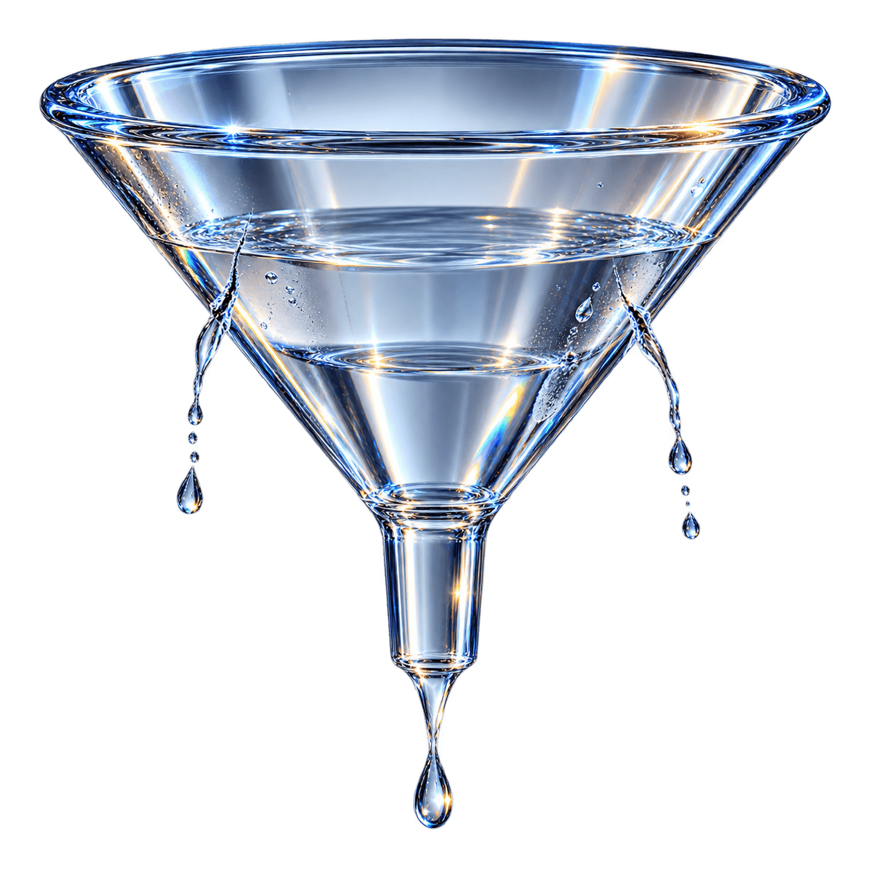 Crystal marketing funnel with demand visibly leaking before conversion.