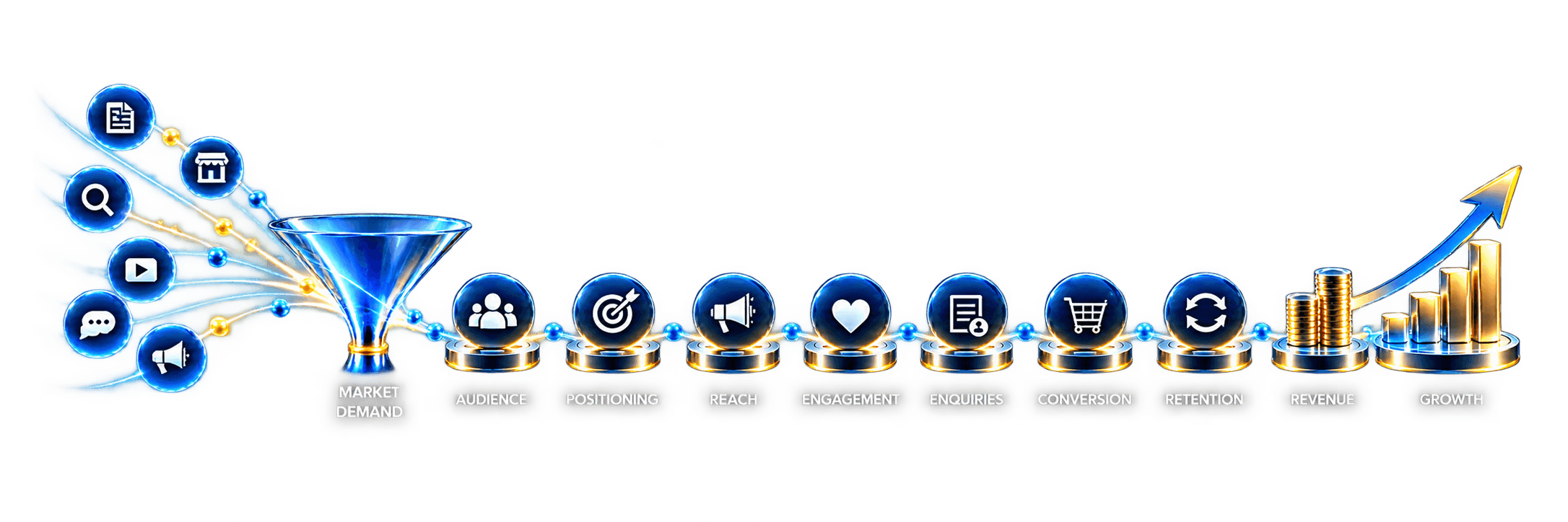 Revenue journey from market demand through audience, positioning, reach, engagement, enquiries, conversion, retention, revenue and growth.