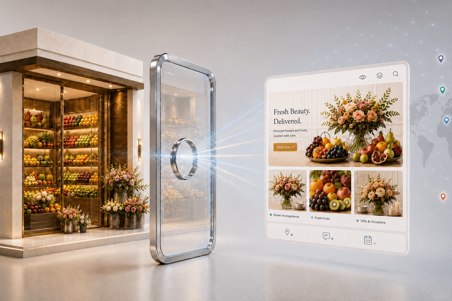 A premium storefront connected through a digital portal to a discoverable commerce experience
