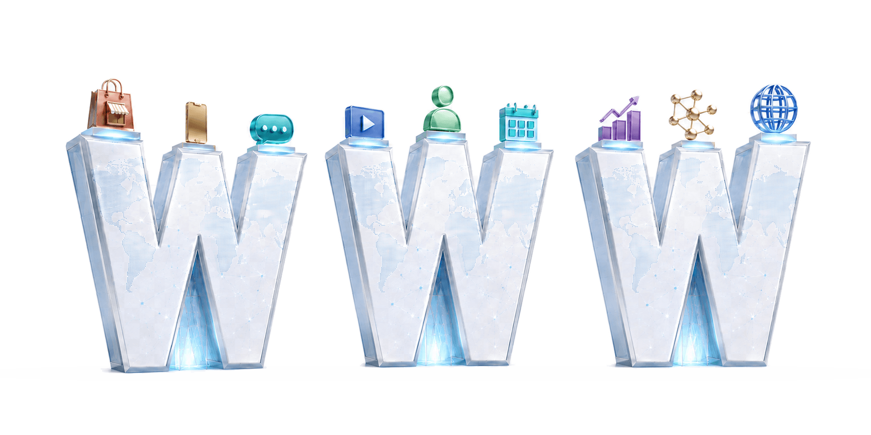 Three connected WWW structures representing commerce, mobile access, communication, media, customers, scheduling, growth, integration and global discovery