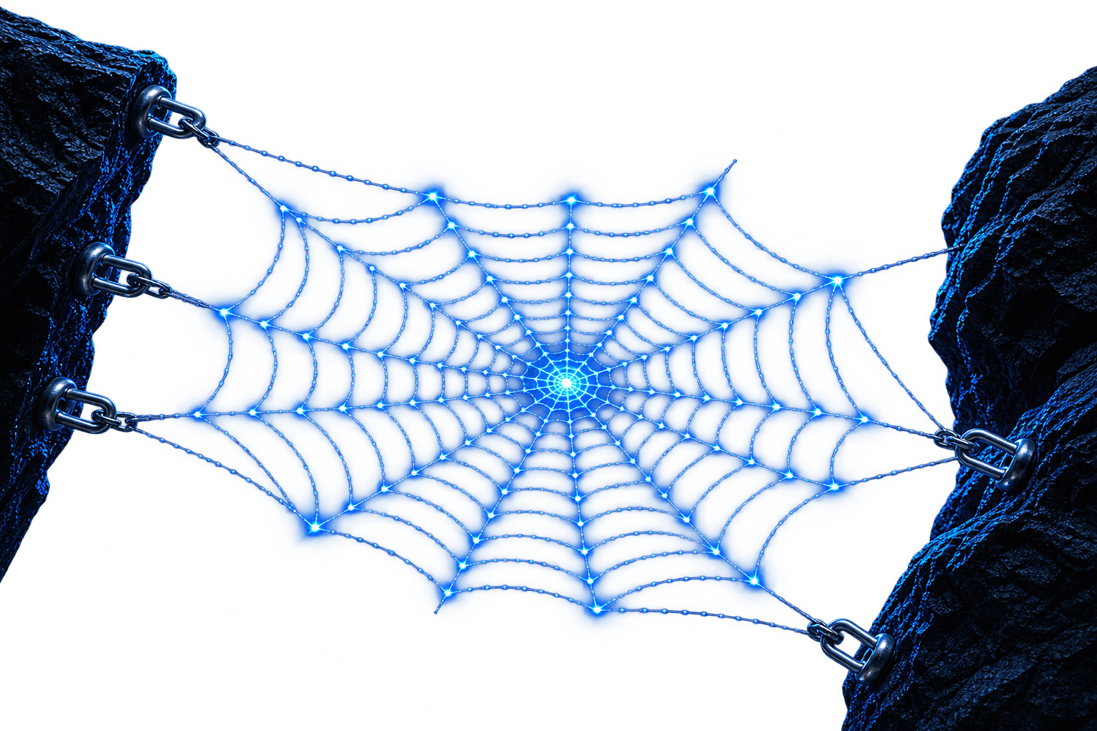 Luminous connected web structure anchored across a dark rocky landscape