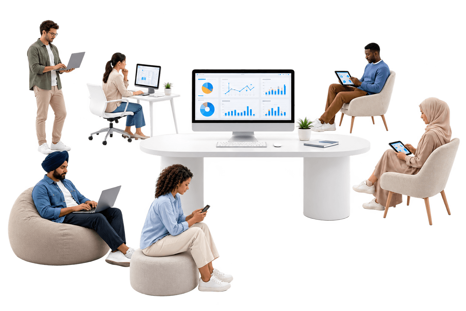 People and devices connected through a shared central business system