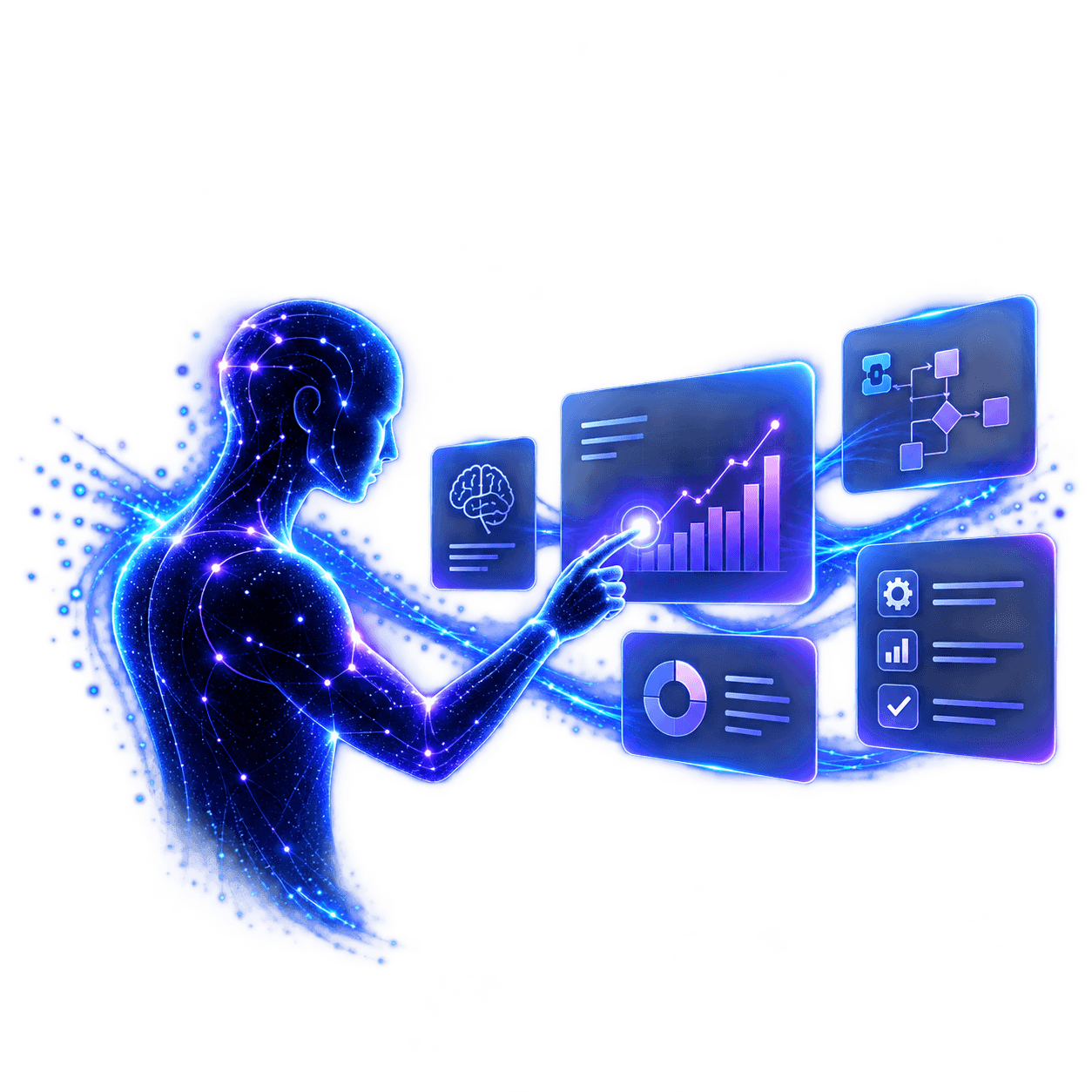 Luminous AI figure interacting with layered business insight panels