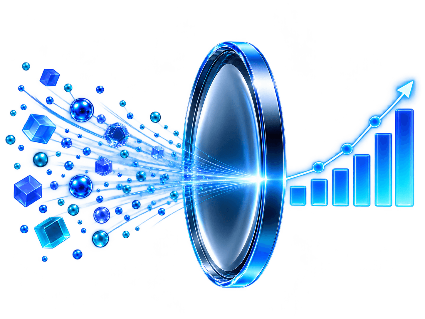 Raw data passing through an analytical lens into structured business insight