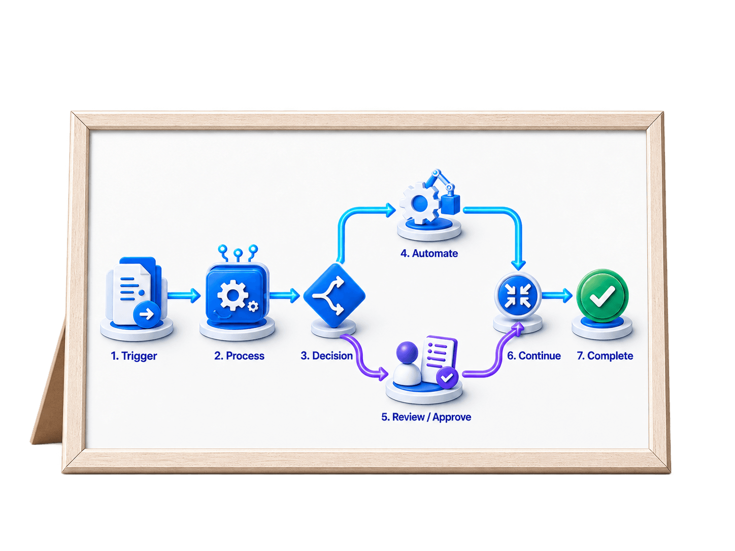 Framed workflow from trigger and process through automation, approval and completion