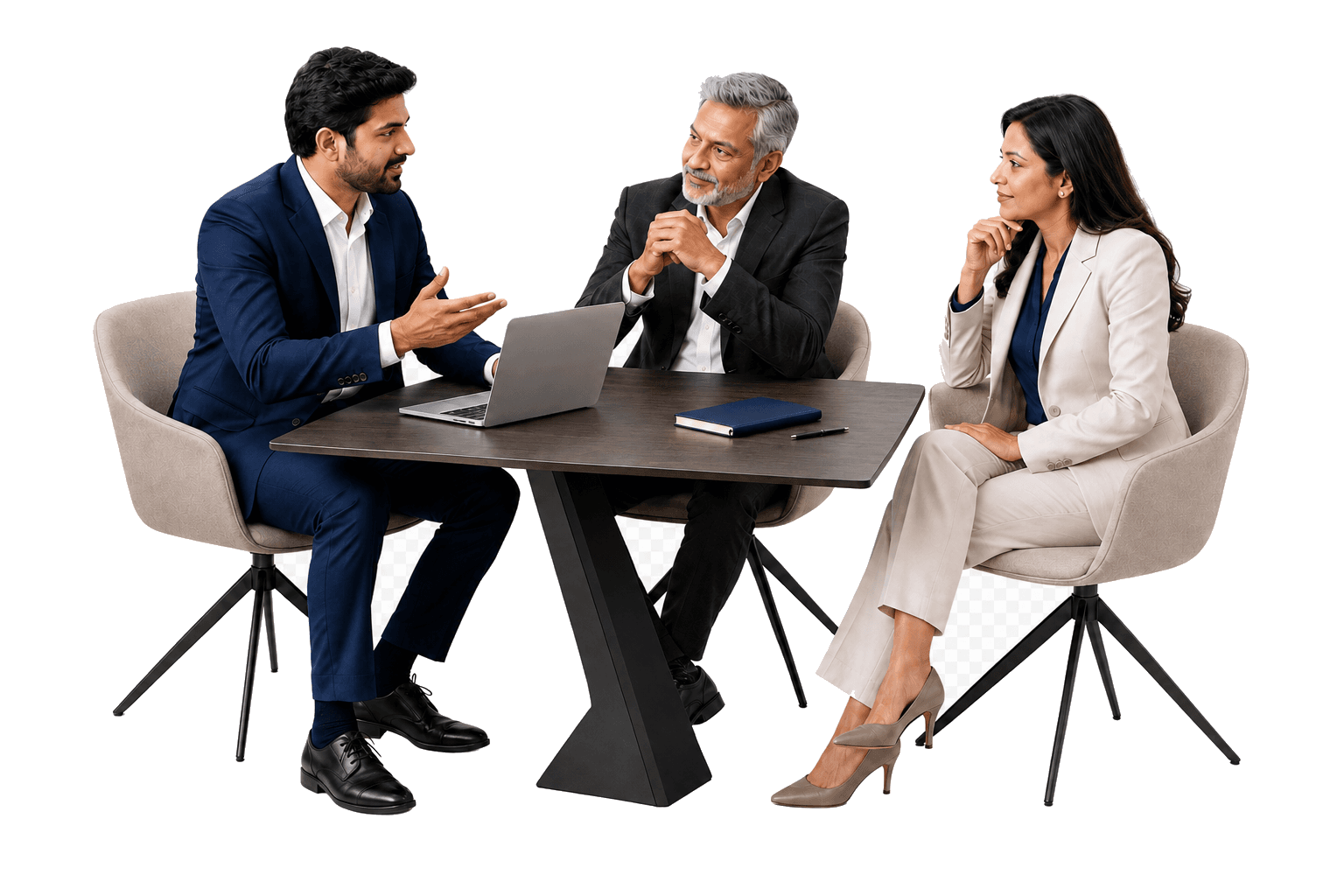 Three business leaders in a strategic working session around a table